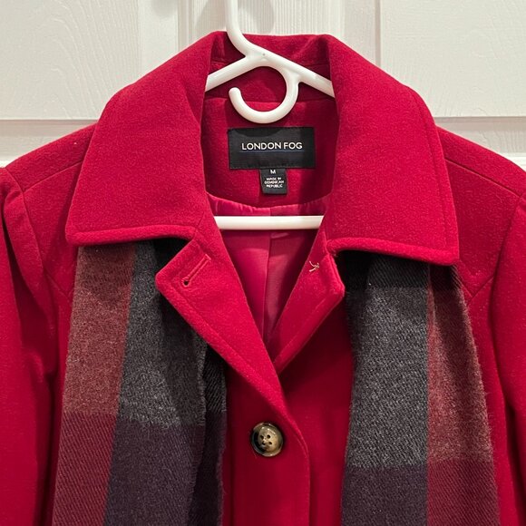 London Fog Red Wool Coat with Attached Plaid Fringe Scarf Women's Size Med EUC - Picture 3 of 15